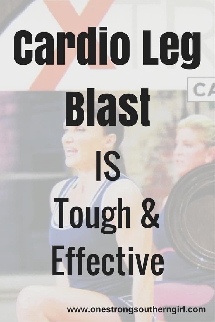 Cathe Friedrich doing a front lunge onto an aerobic step in the Cardio Leg Blast workout