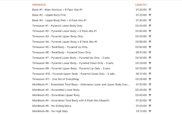 a list of the premix routines from the Pyramid Pump workout from Cathe Lite