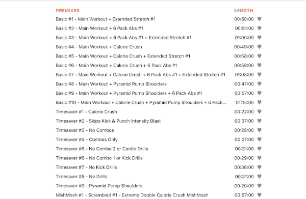 a list of the premix workouts in Rev'd up Rumble in Cathe Lite