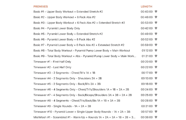 a list of the stacked sets upper body premix workouts in Cathe Lite