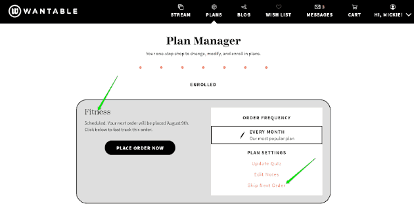 the skip next order prompt in the Wantable dashboard