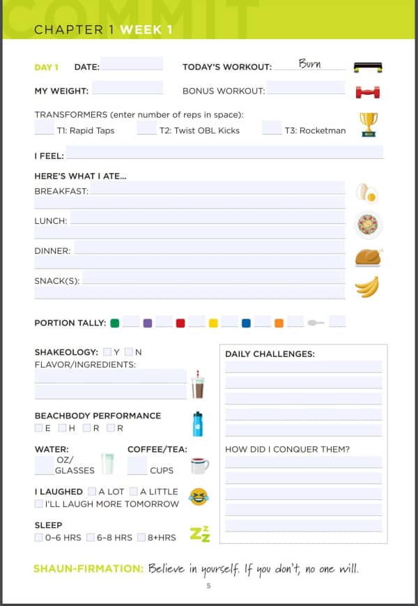 a screen shot of the week one day one tracking page inside the transform 20 6 week guide